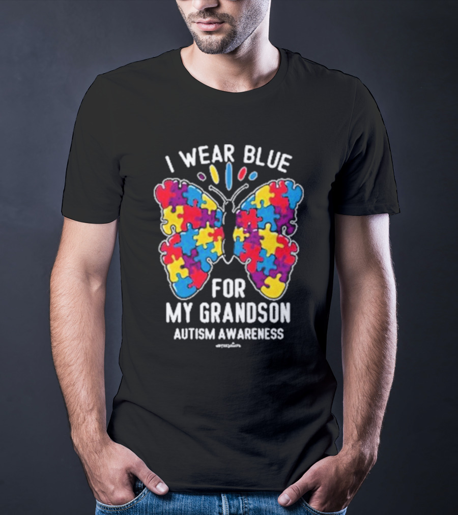 I Wear Blue Butterfly Puzzle My Grandson Autism Awareness T-Shirt