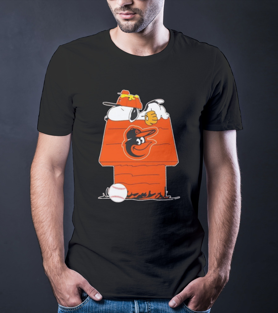 Snoopy And Woodstock Sleeping On Baltimore Orioles Themed Doghouse With Baseball T-Shirt