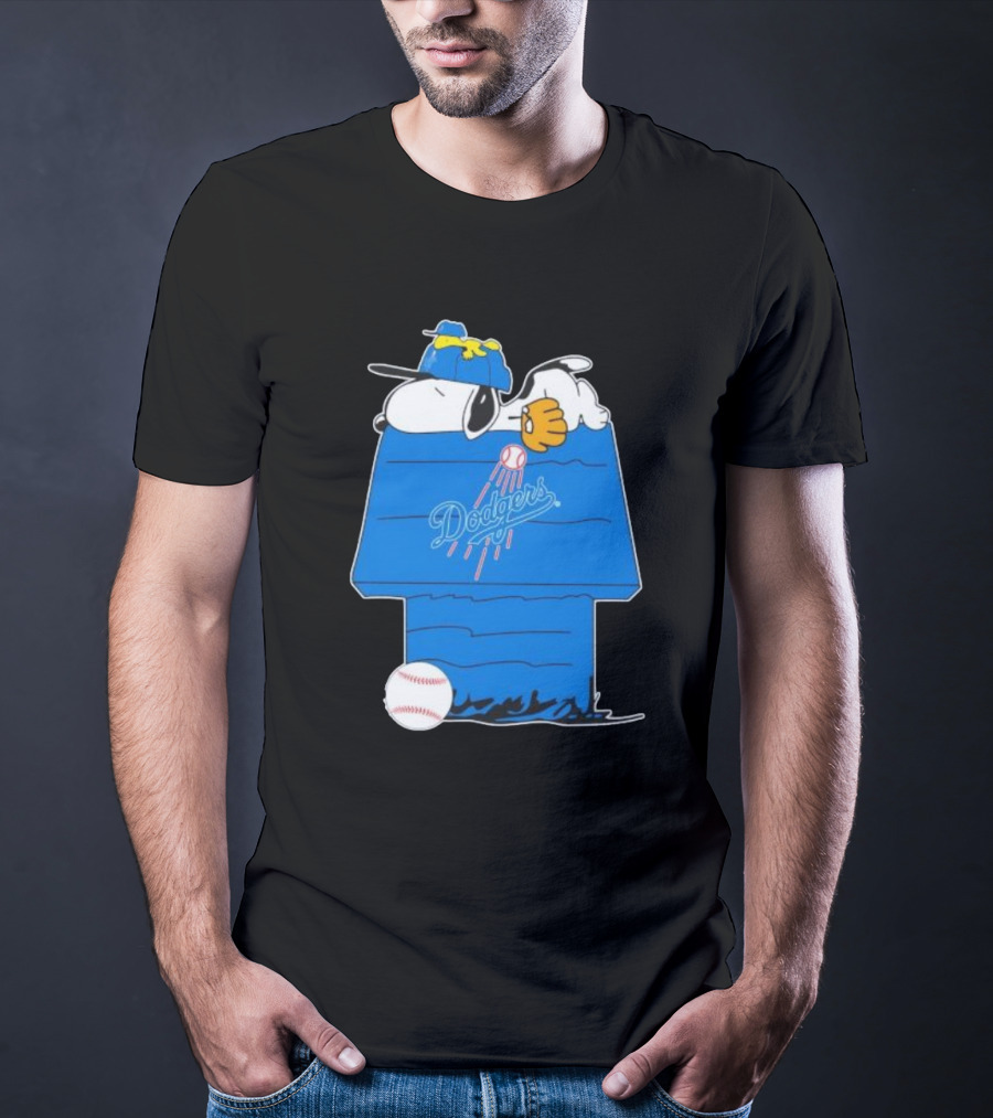 Snoopy And Woodstock Sleeping On Los Angeles Dodgers Doghouse With Baseball T-Shirt