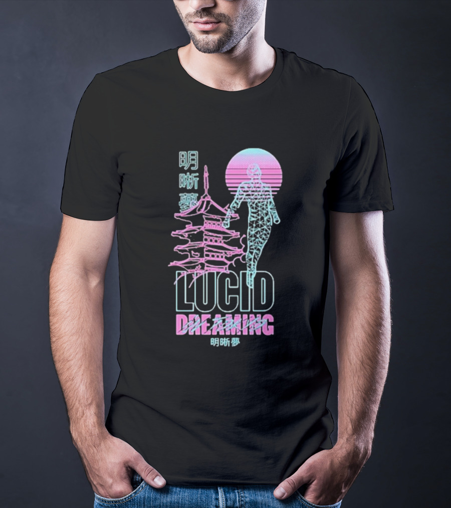 Lucid Dreaming Tokyo Japan Neon Pagoda And Wireframe Figure T-Shirt