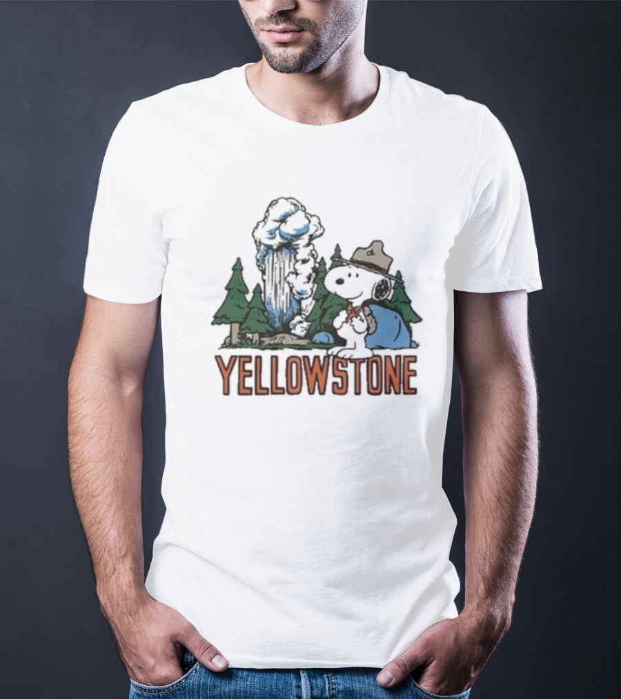 Peanuts Snoopy Yellowstone Camping Scene With Geyser And Forest T-Shirt
