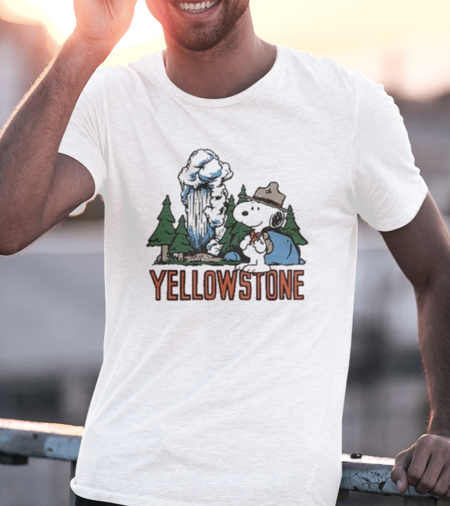 Peanuts Snoopy Yellowstone Camping Scene With Geyser And Forest T-Shirt