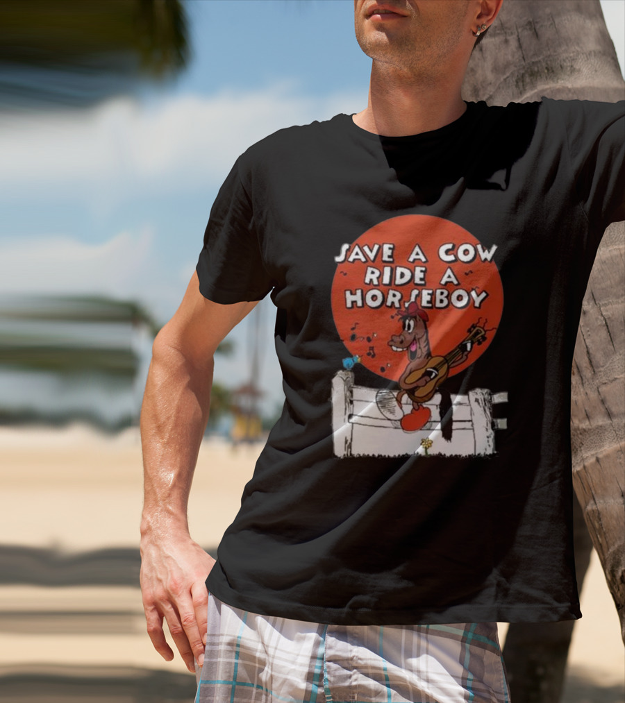 Save A Cow Ride A Horseboy Cartoon Horse Playing Guitar T-Shirt