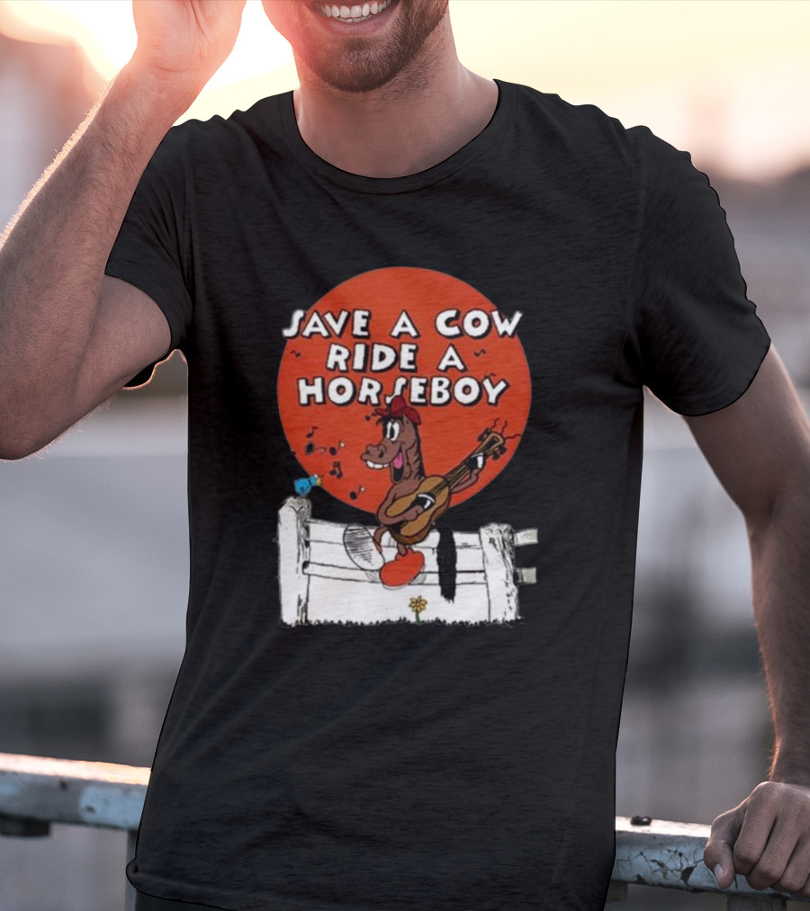 Save A Cow Ride A Horseboy Cartoon Horse Playing Guitar T-Shirt
