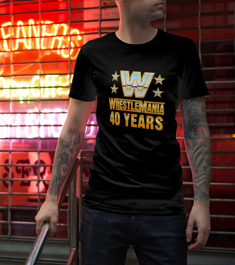 Wrestlemania 40 Years Retro Logo With Stars T-Shirt