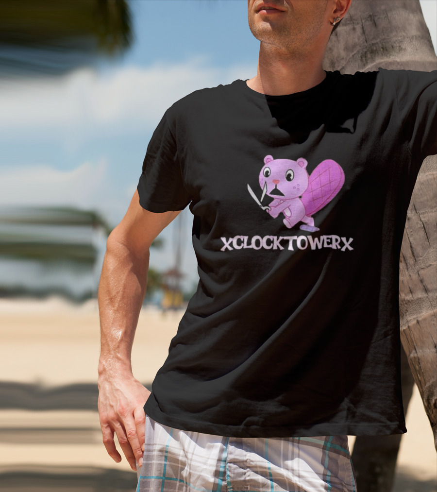 XCLOCKTOWERX Running With Scissors Pink Cartoon Beaver T-Shirt