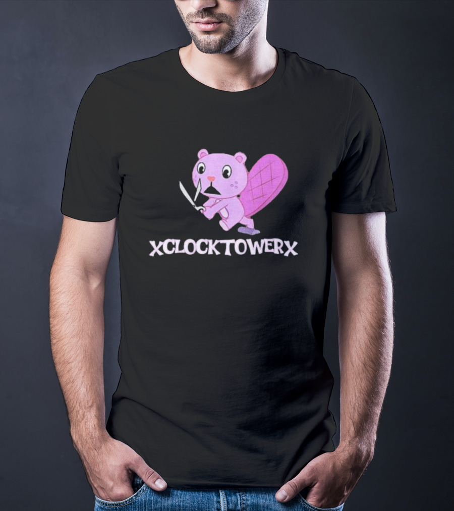 XCLOCKTOWERX Running With Scissors Pink Cartoon Beaver T-Shirt