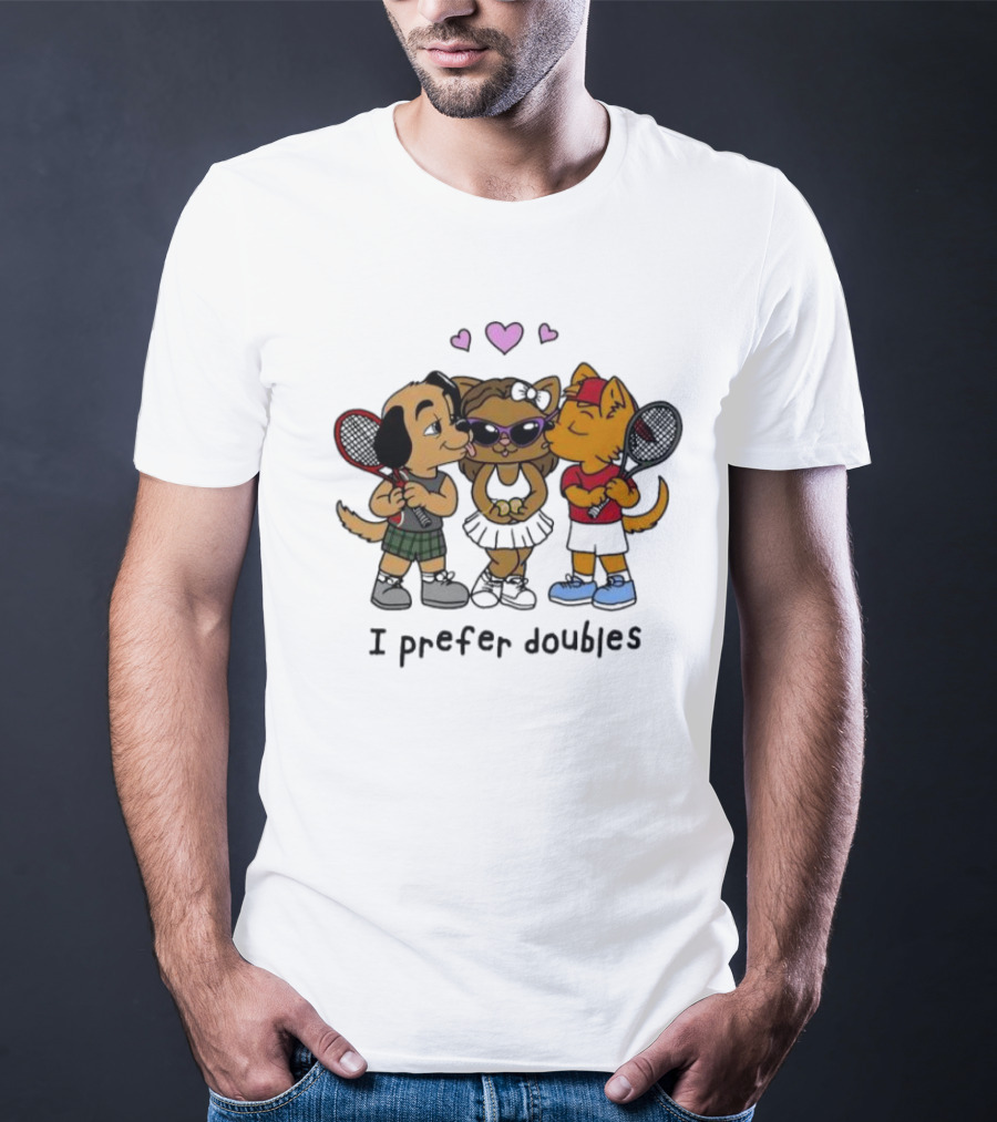 I Prefer Doubles Cute Animals With Tennis Rackets And Hearts T-Shirt
