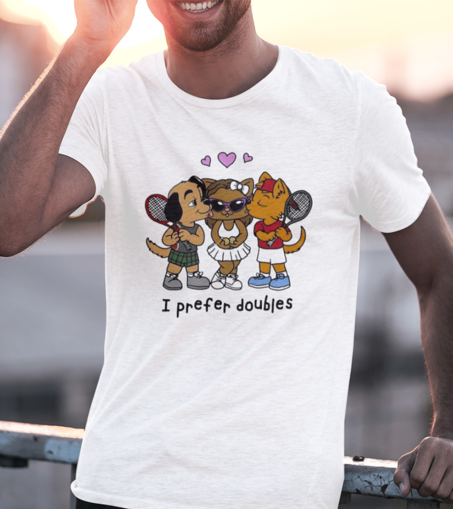I Prefer Doubles Cute Animals With Tennis Rackets And Hearts T-Shirt