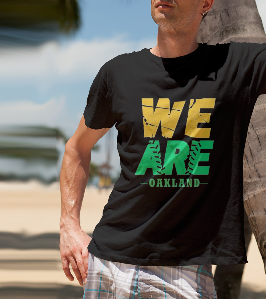 WE ARE OAKLAND Yellow Green Text Baseball Seam T-Shirt
