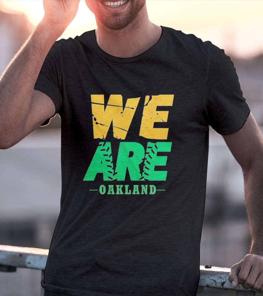 WE ARE OAKLAND Yellow Green Text Baseball Seam T-Shirt