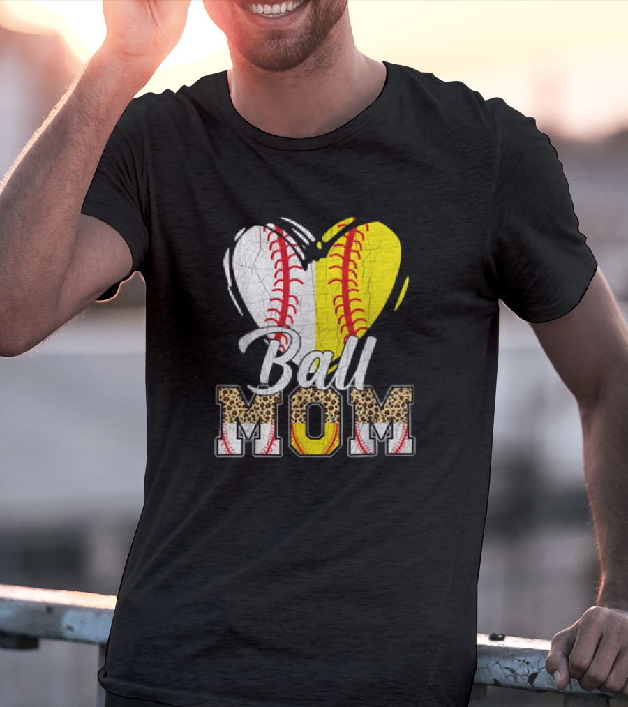 Ball Mom Heart Leopard Baseball Softball Vintage Women T-Shirt