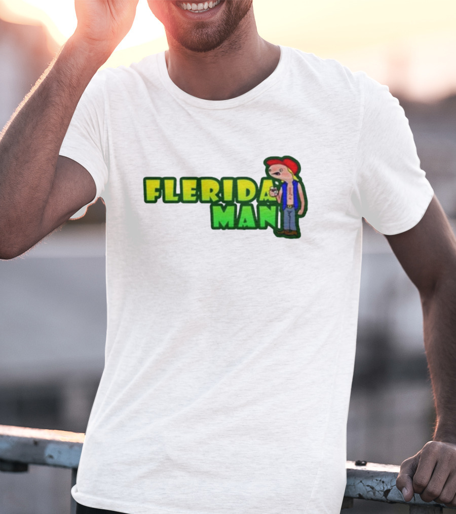 Flerida Man Beer Drinking Cartoon Character With Red Cap And Green Letters T-Shirt