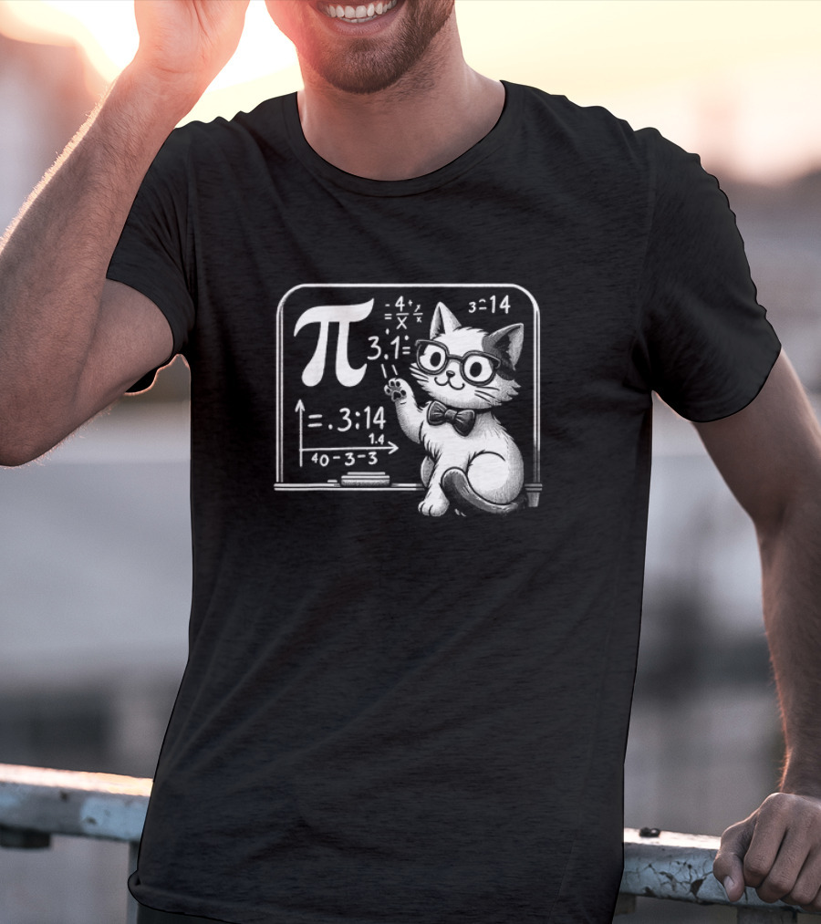 Pi 3.14 Cat With Glasses And Chalkboard Equations T-Shirt