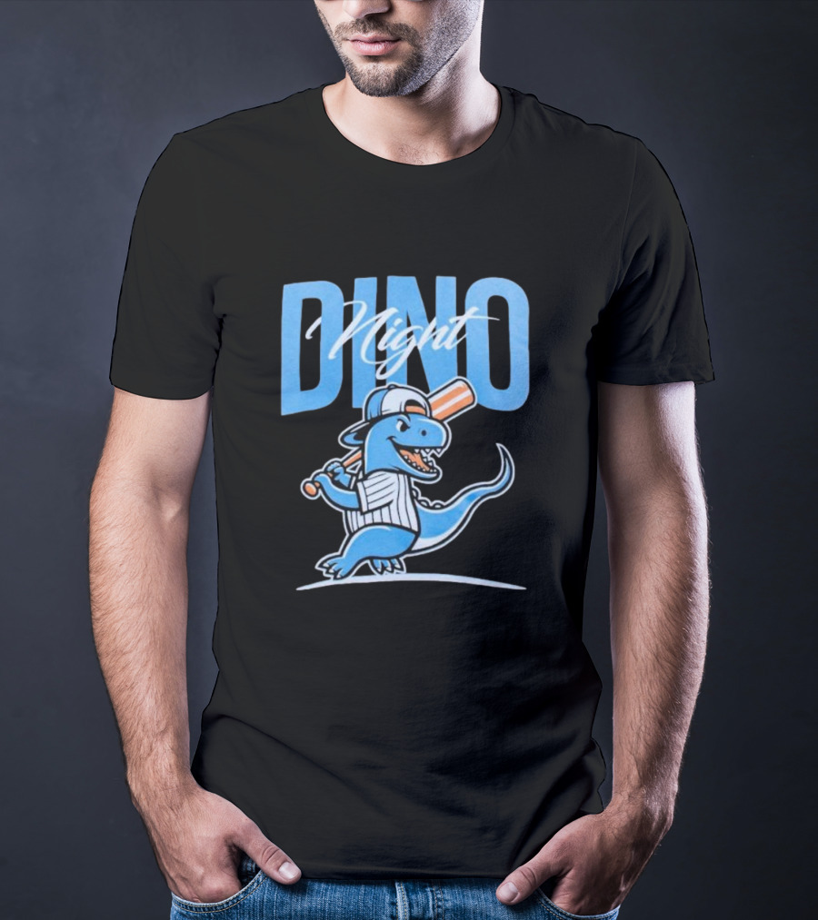 Dino Night Baseball Player Dinosaur In Cap With Bat T-Shirt