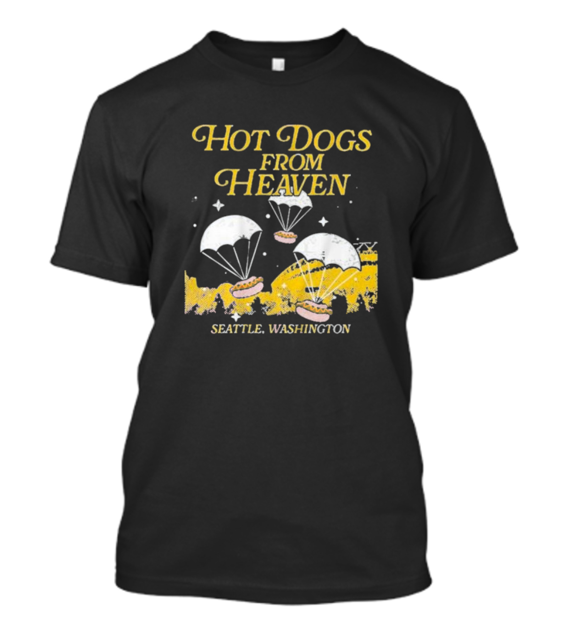 Hot Dogs From Heaven Parachuting Over Seattle Washington T-Shirt