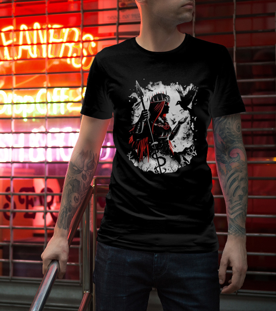 Goddess Of Fate And War With Spear And Raven T-Shirt
