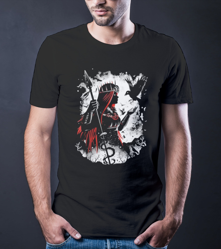 Goddess Of Fate And War With Spear And Raven T-Shirt