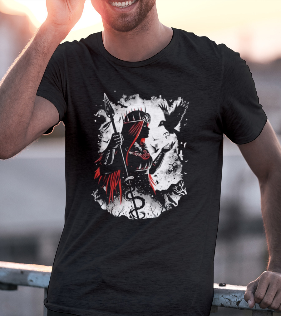 Goddess Of Fate And War With Spear And Raven T-Shirt