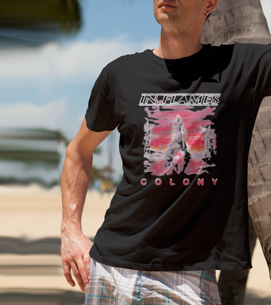 In Flames Colony Silhouette And Abstract Pink Brushstrokes T-Shirt