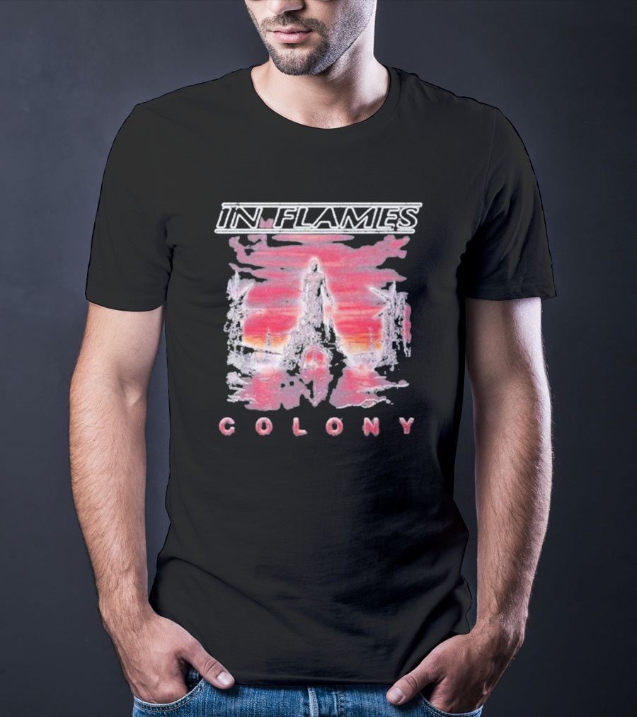 In Flames Colony Silhouette And Abstract Pink Brushstrokes T-Shirt