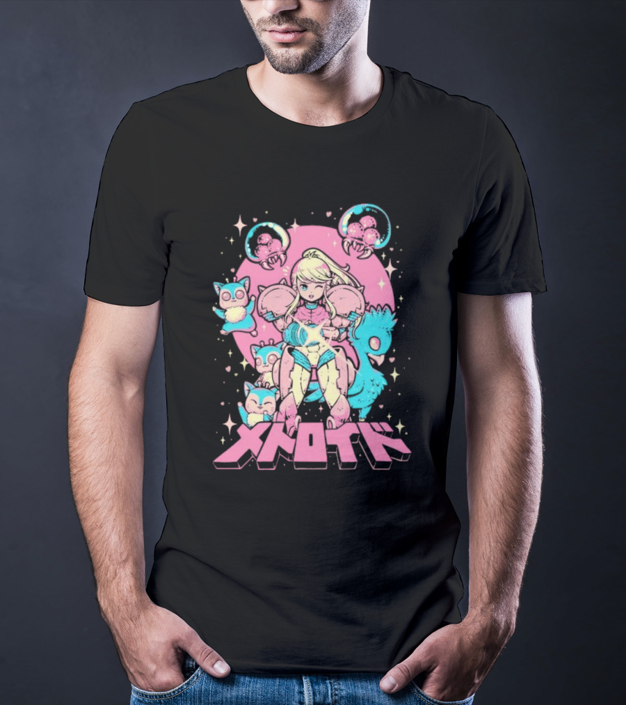 Metroid Pop Art Space Hero Anime Style Pink And Blue Retro T-Shirt