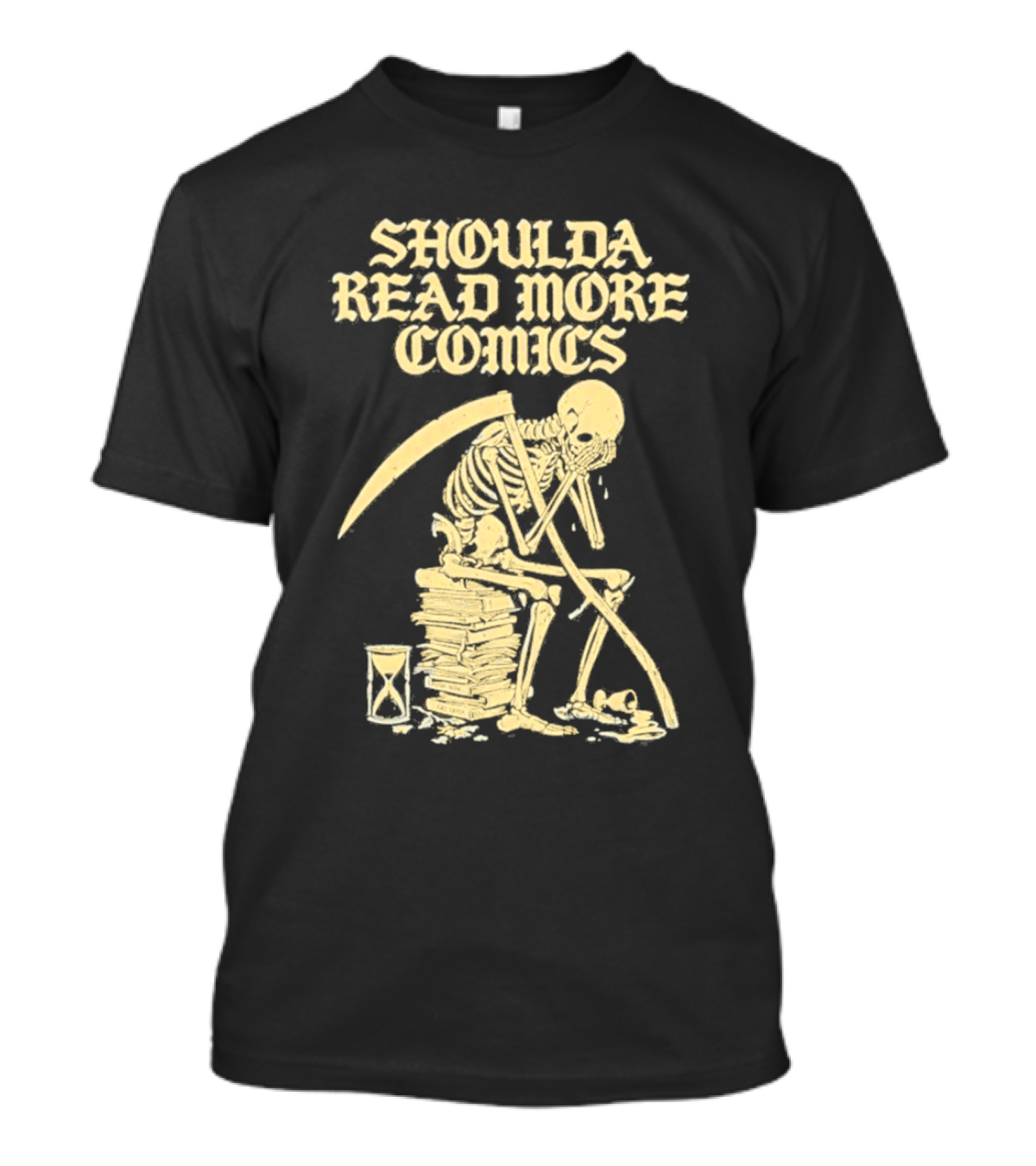 Shoulda Read More Comics Skeleton Sitting On Books With Hourglass T-Shirt