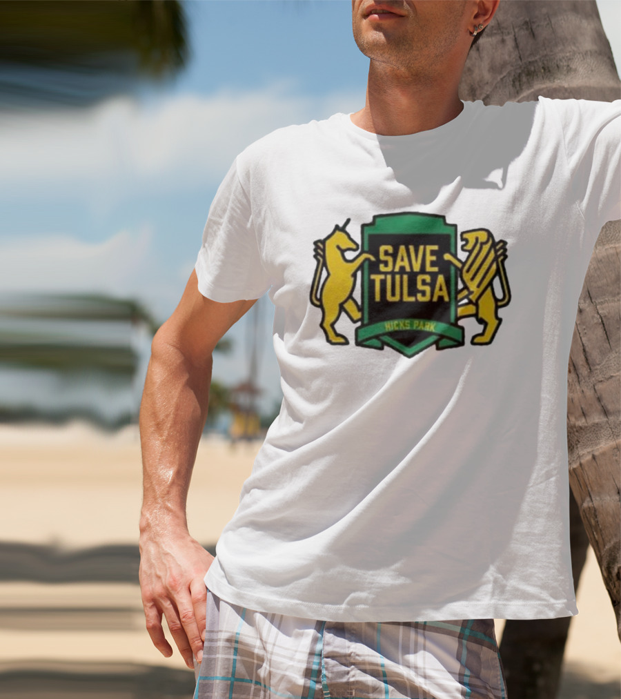 Save Tulsa Kicks Park Yellow Lion And Griffin Shield T-Shirt