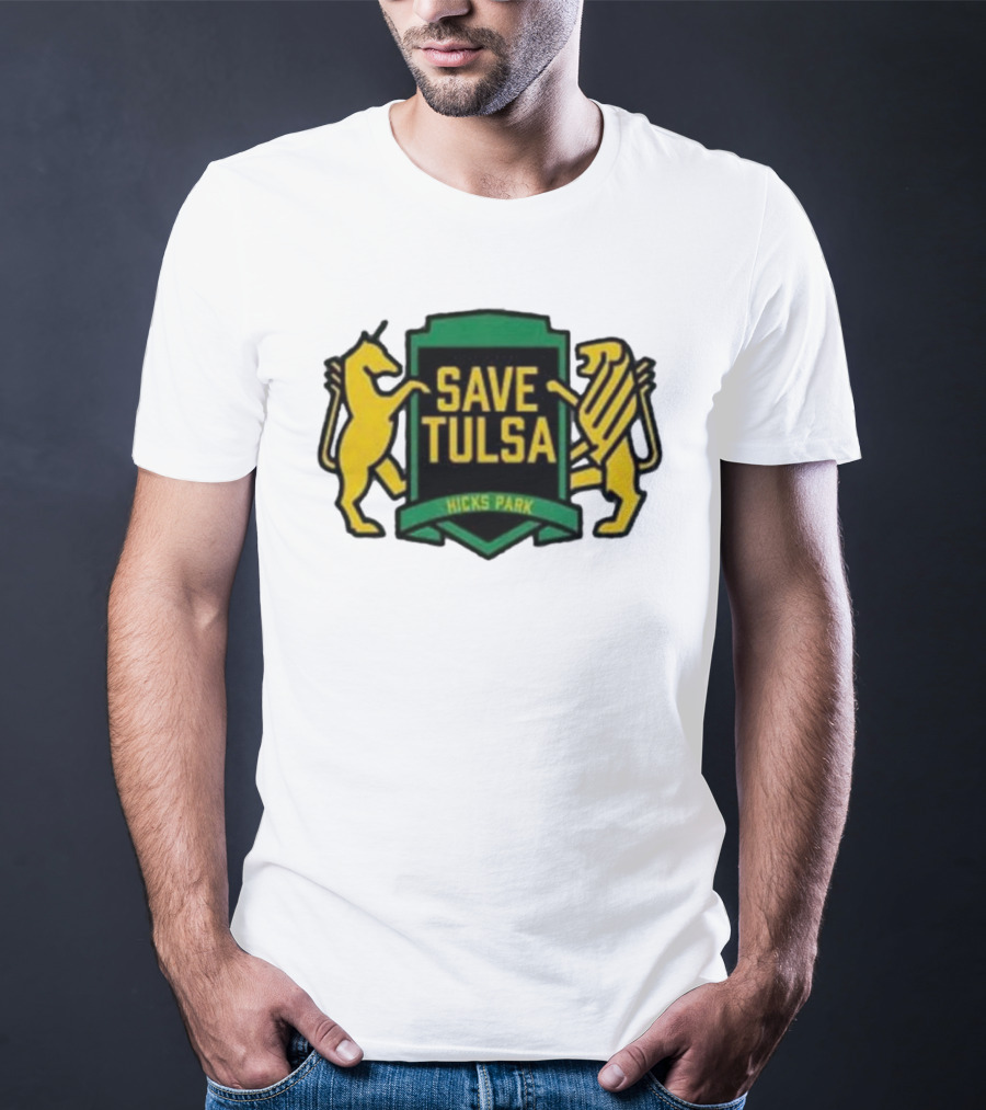 Save Tulsa Kicks Park Yellow Lion And Griffin Shield T-Shirt