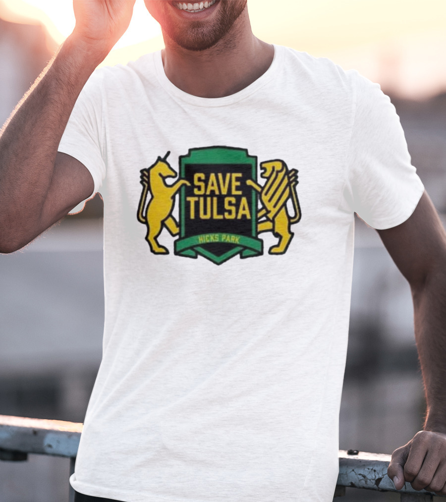 Save Tulsa Kicks Park Yellow Lion And Griffin Shield T-Shirt