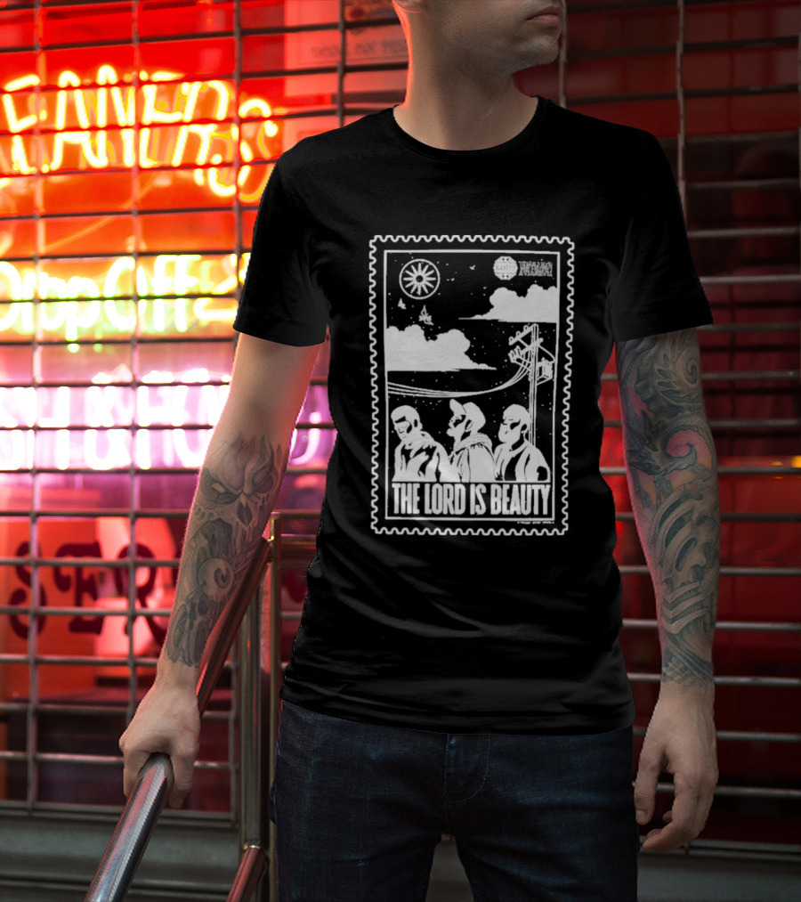 The Lord Is Beauty Three Figures Under Night Sky Clouds Birds Sun And Powerlines T-Shirt