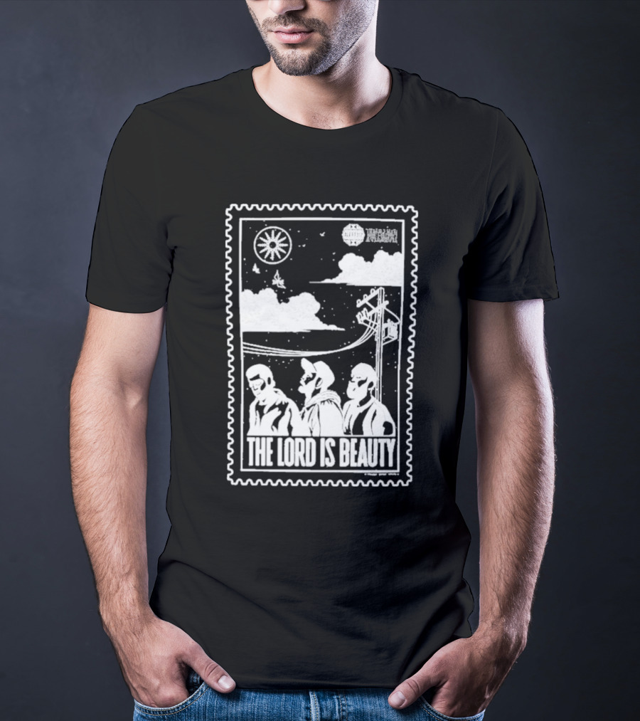 The Lord Is Beauty Three Figures Under Night Sky Clouds Birds Sun And Powerlines T-Shirt