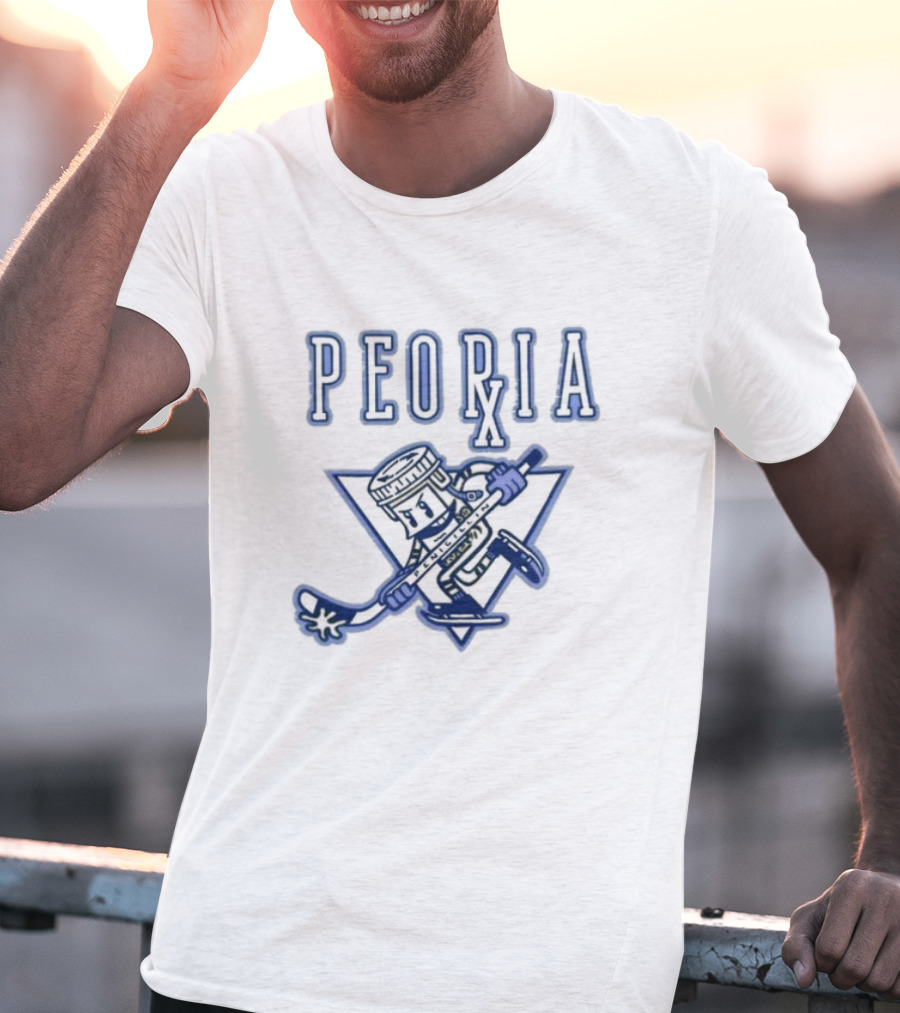 Peoria Hockey Mascot Penicillin Character With Syringe And Hockey Stick T-Shirt
