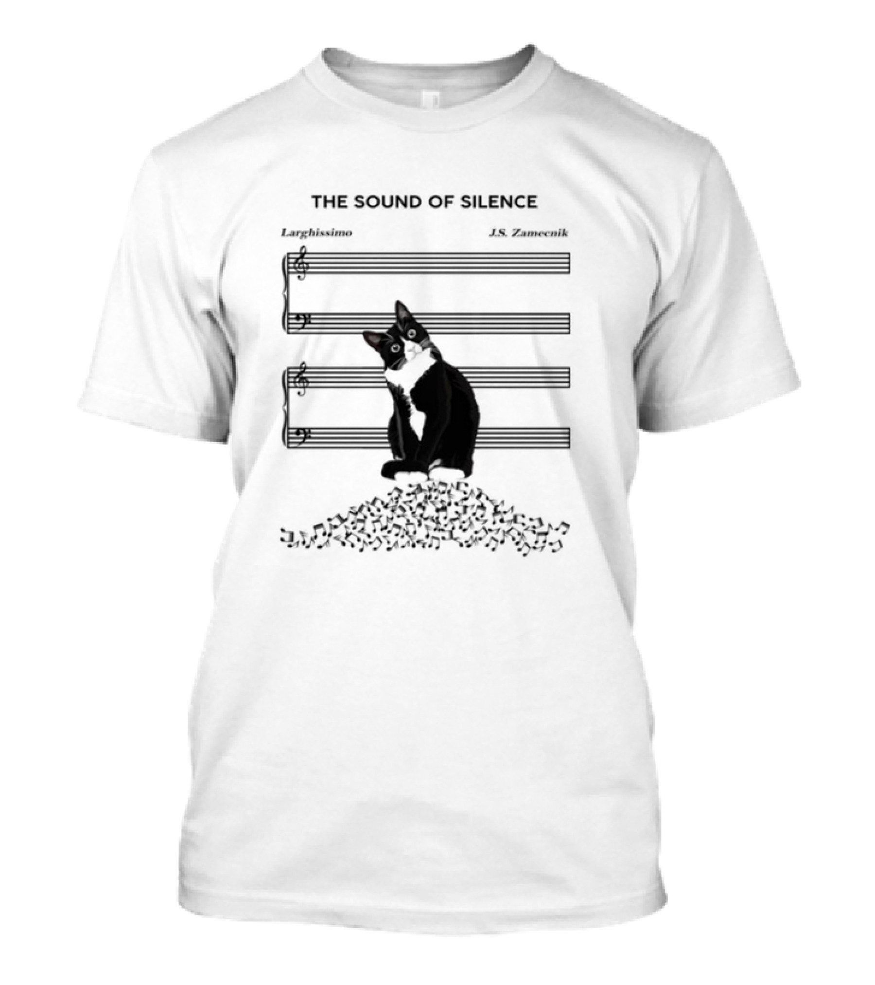 Black Cat Sitting On Music Notes The Sound Of Silence J.S. Zamecnik Larghissimo T-Shirt