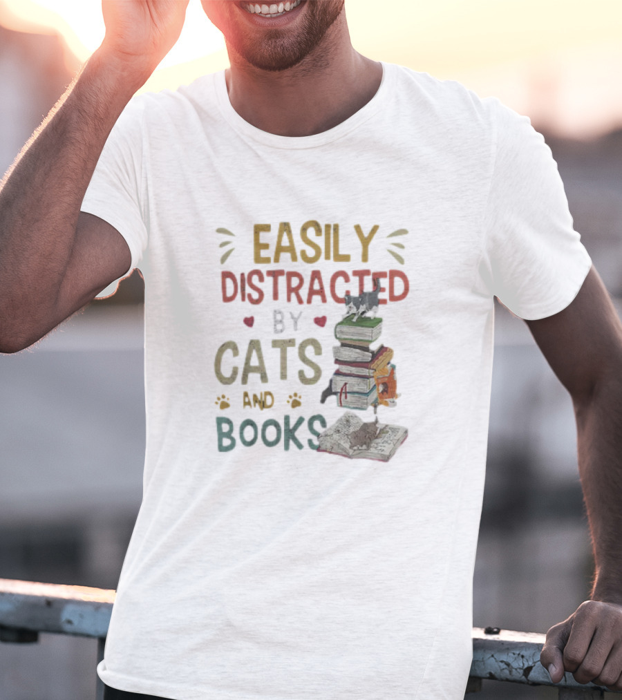 Easily Distracted By Cats And Books Stack Cats 365 Book Lover T-Shirt