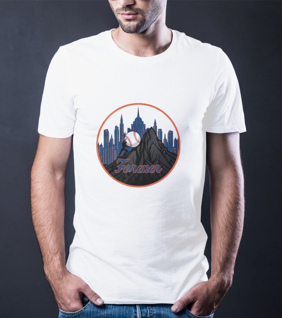 New York Met Fan Forever Skyline Baseball Statue T-Shirt