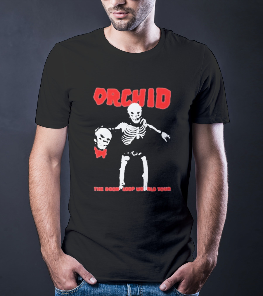 Orchid Skeleton Holding Skull The Doom Loop World Tour T-Shirt