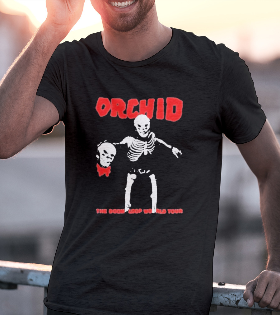 Orchid Skeleton Holding Skull The Doom Loop World Tour T-Shirt