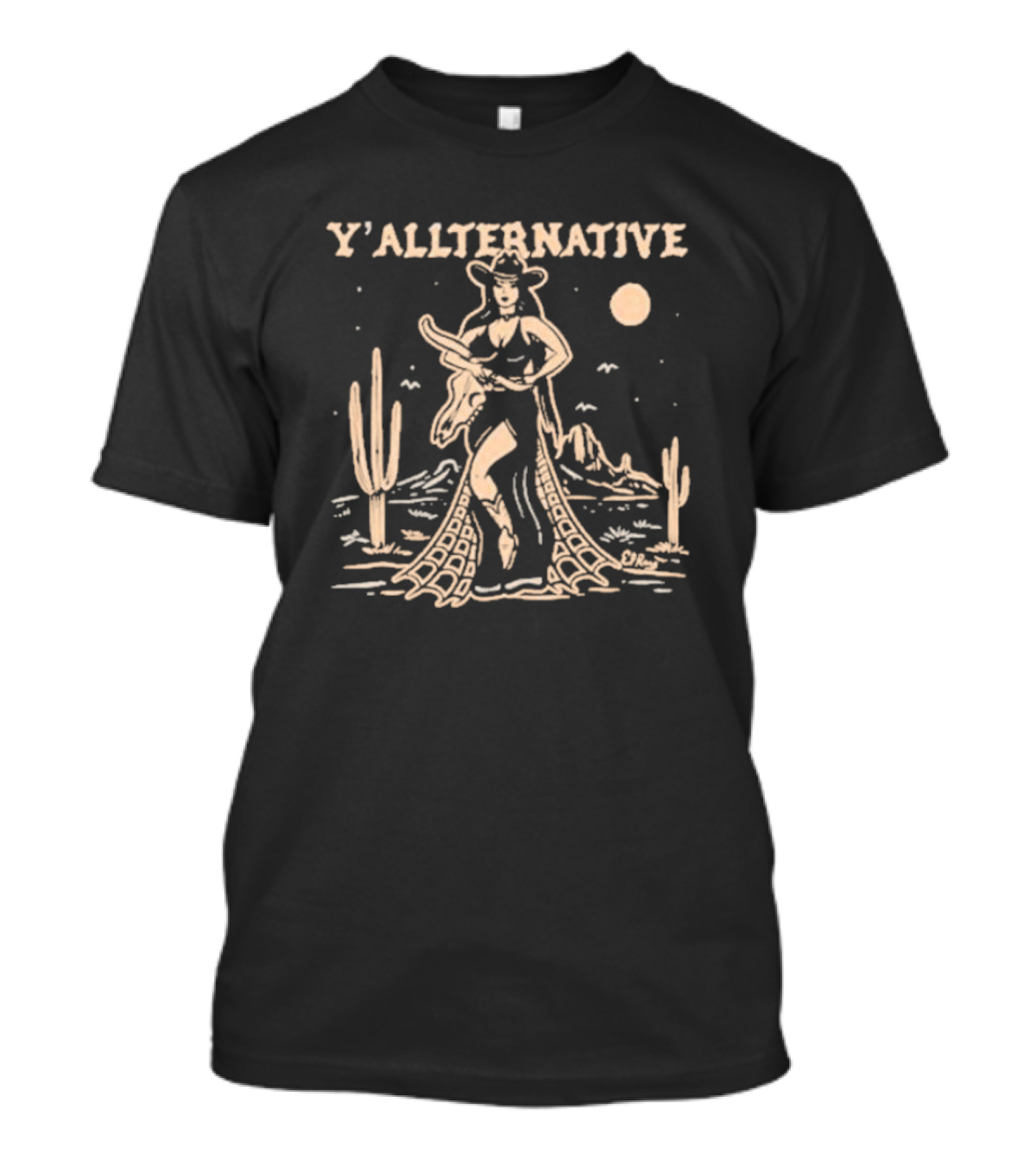 Y'allternative Cowgirl Desert Night Scene With Cacti And Mountains T-Shirt