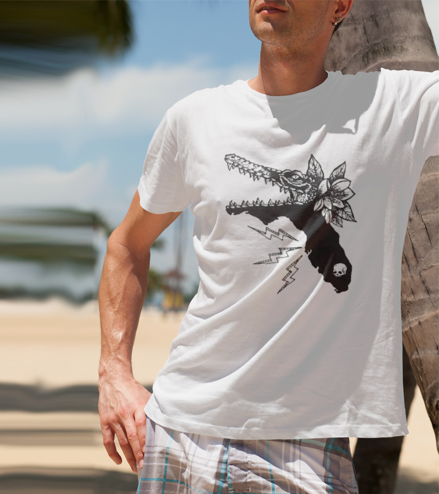 Florida Will Eat You - Alligator Skull Lightning Magnolia Map T-Shirt
