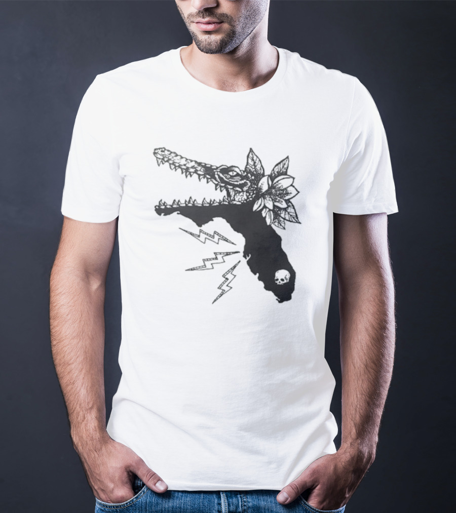 Florida Will Eat You - Alligator Skull Lightning Magnolia Map T-Shirt