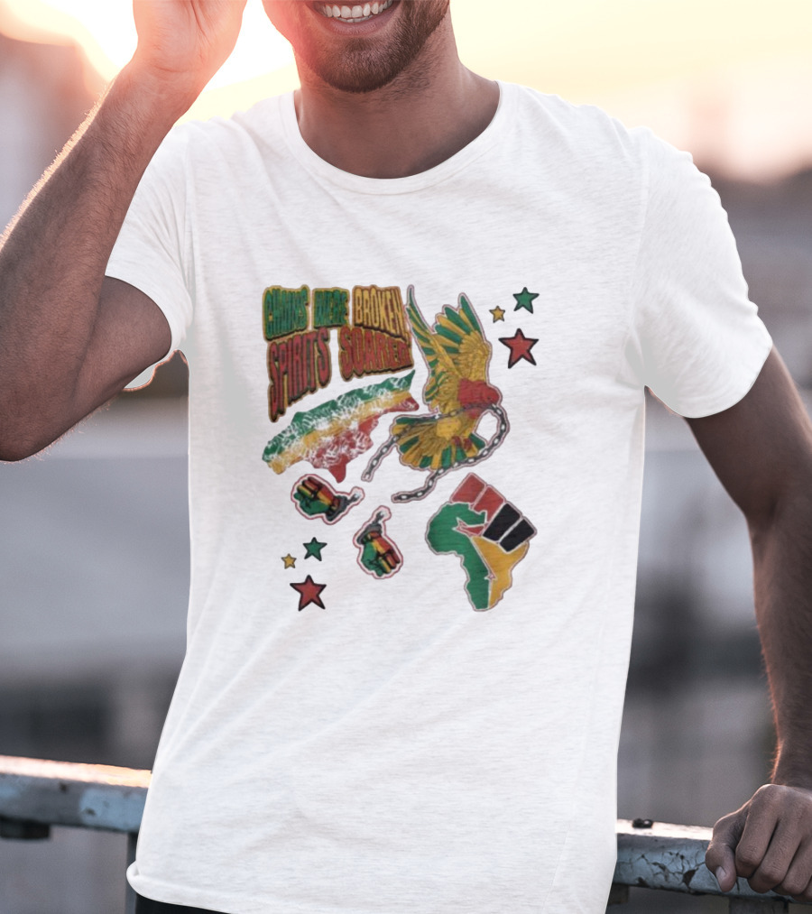 Chains Were Broken Spirits Soared Rasta Colors Fist Bird Stars T-Shirt