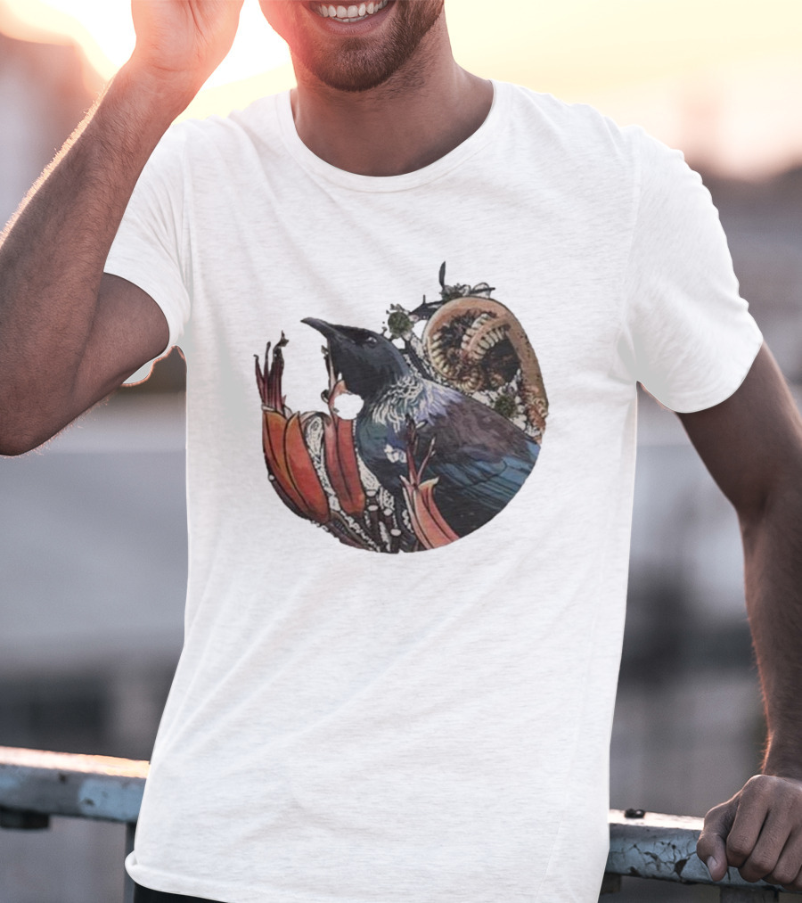 Tui’s Floral Harmony New Zealand Bird And Fern Motif T-Shirt