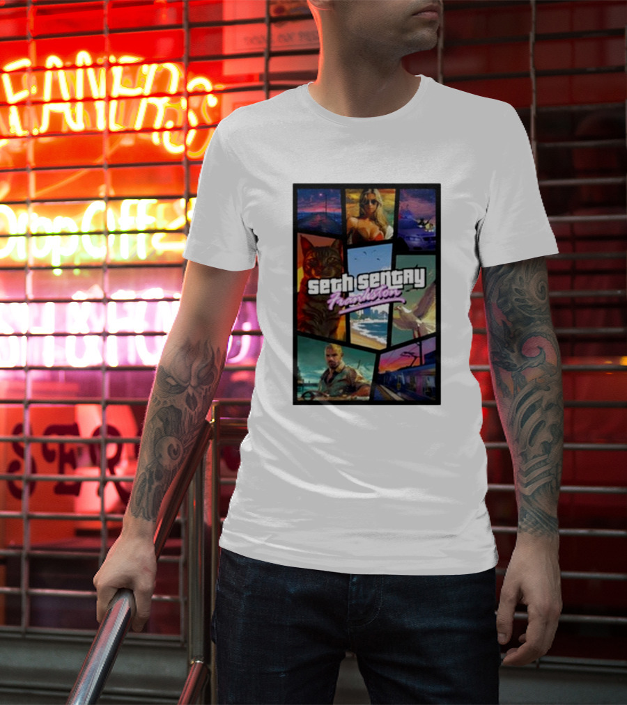 Seth Sentry Frankston GTA Style Art With Cat And City Scenes T-Shirt