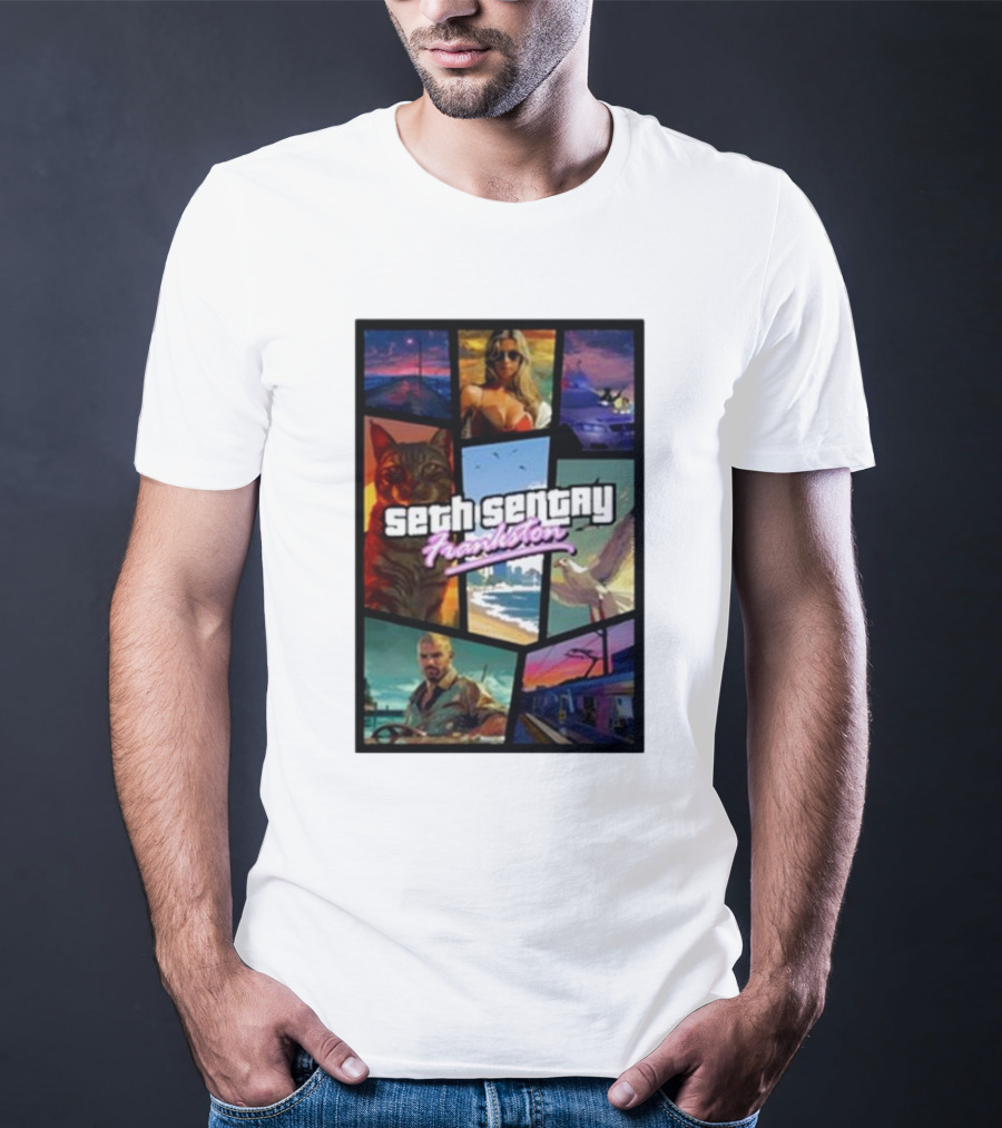 Seth Sentry Frankston GTA Style Art With Cat And City Scenes T-Shirt