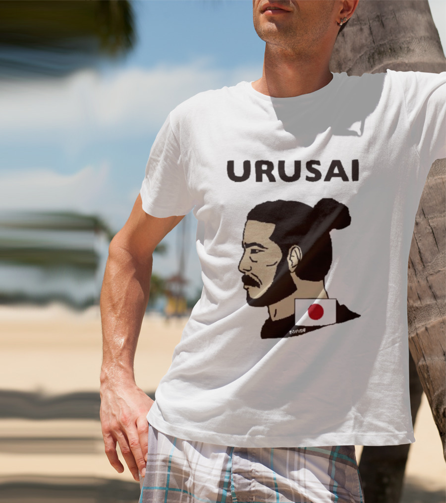 URUSAI Hiragana Ninja Japan Samurai Man Bun Profile With Flag T-Shirt