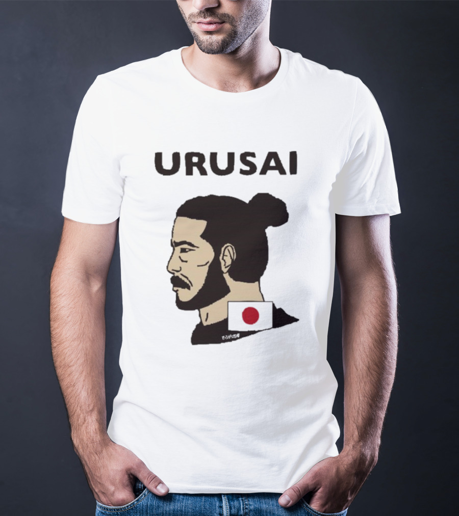 URUSAI Hiragana Ninja Japan Samurai Man Bun Profile With Flag T-Shirt