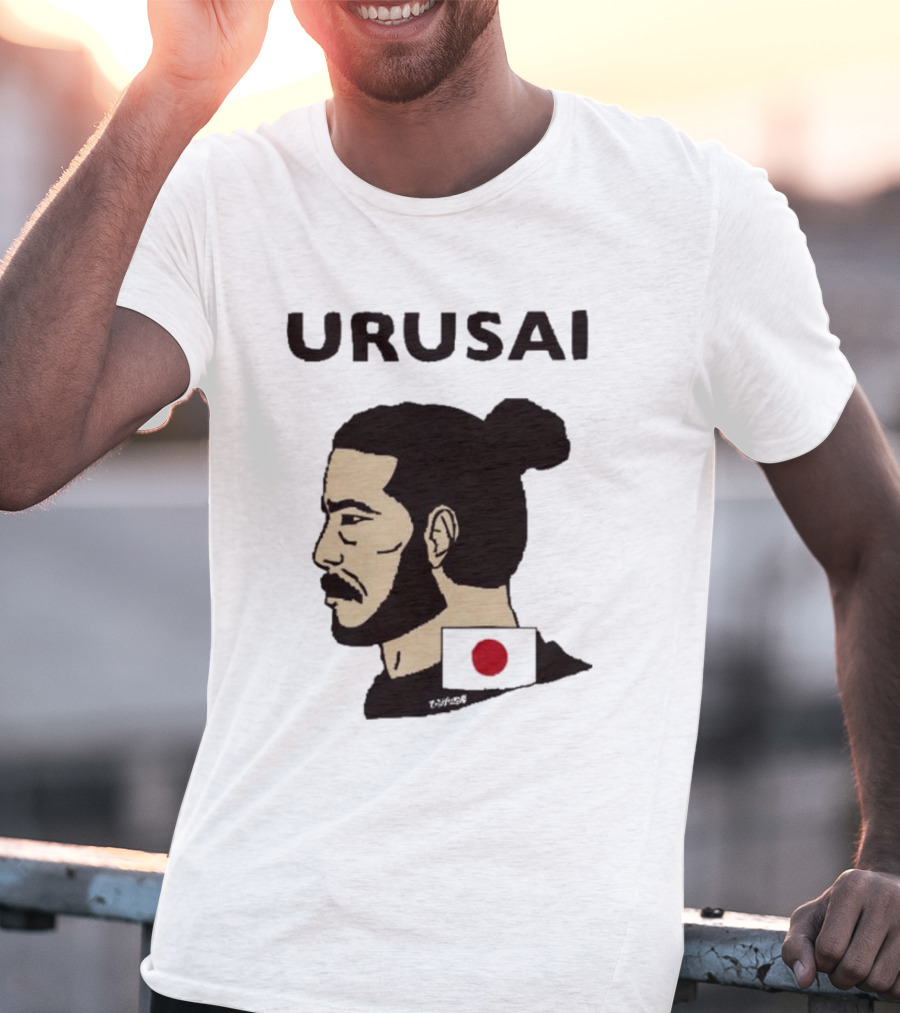 URUSAI Hiragana Ninja Japan Samurai Man Bun Profile With Flag T-Shirt