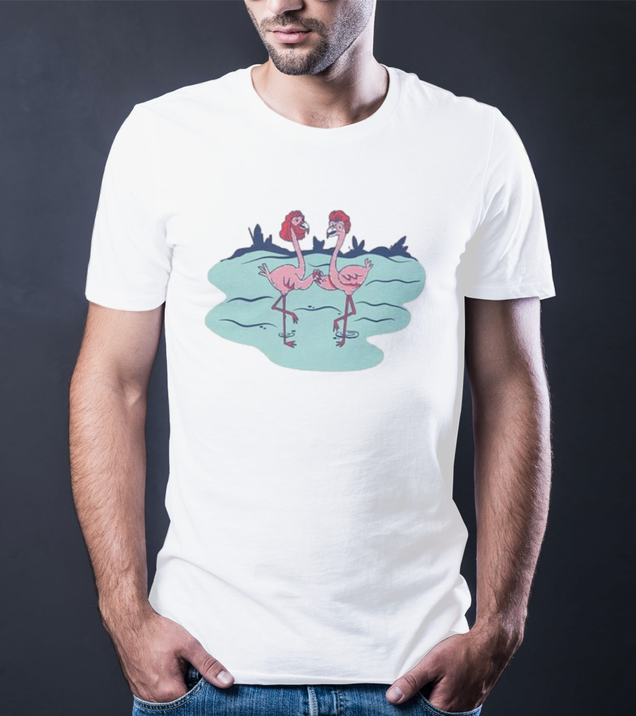 Flamingo Amigos In Blue Water Scene T-Shirt