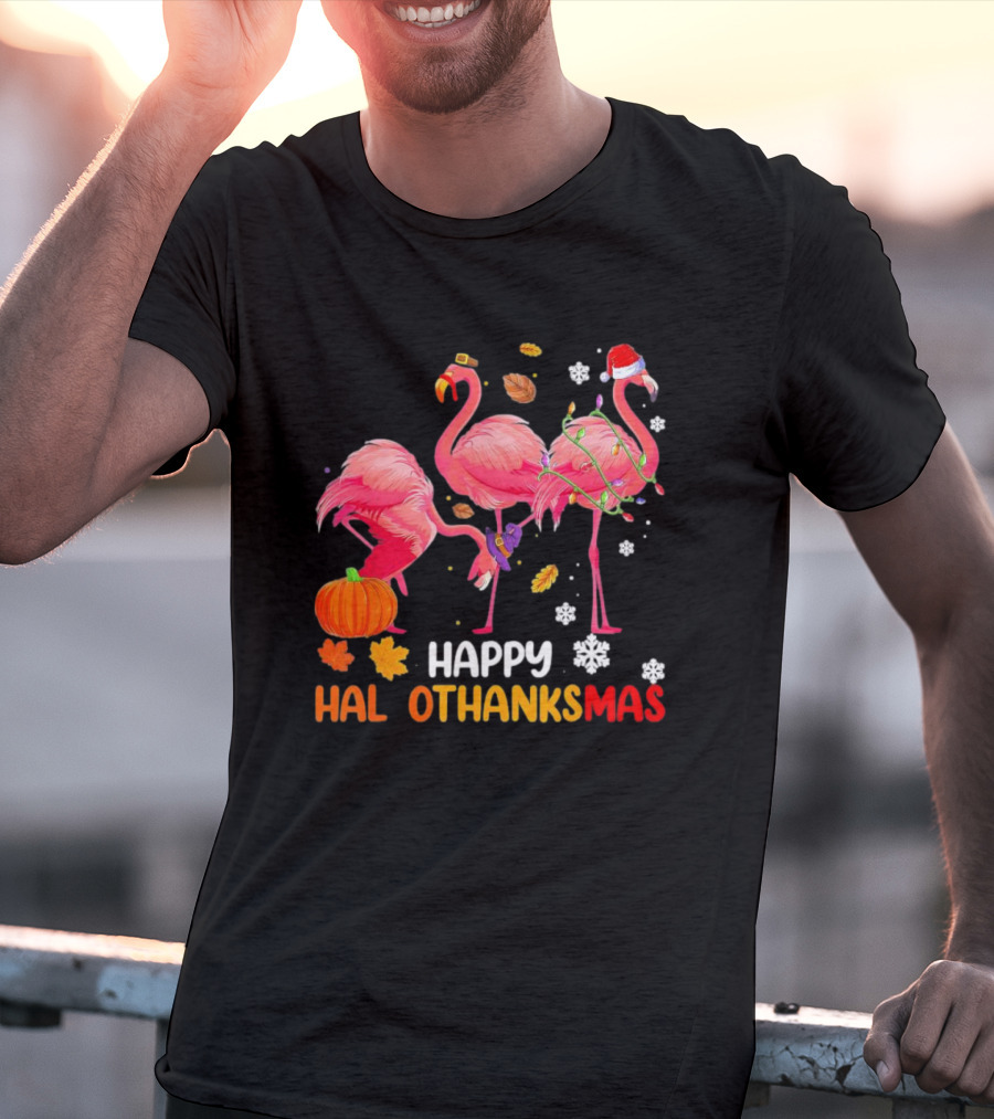 Happy Hallothanksmas Flamingo Halloween Thanksgiving Pumpkin Leaves Snowflakes T-Shirt